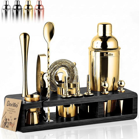 Gold Bartender Kit - Stainless-Steel Cocktail Shaker Set w/Black Bamboo Stand - Mixology Bar Tools w/Drink Shaker