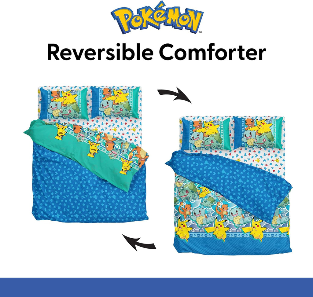 Full Bed in a Bag Set, Pikachu Charmander Squirtle Bulbasaur, Kids Boys Girls Bedding Comforter Sheets