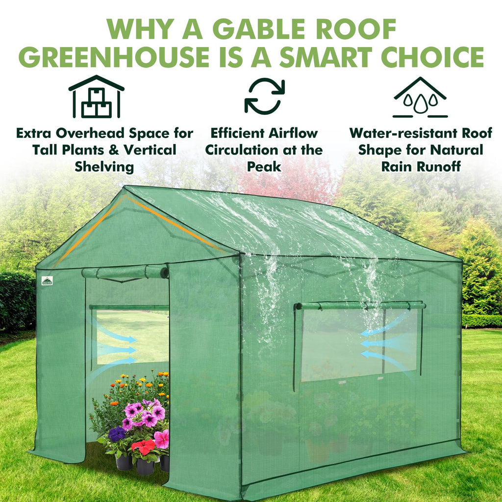 10x10 Pop Up Walk in Greenhouse, Support Pole, Gable Roof, Green