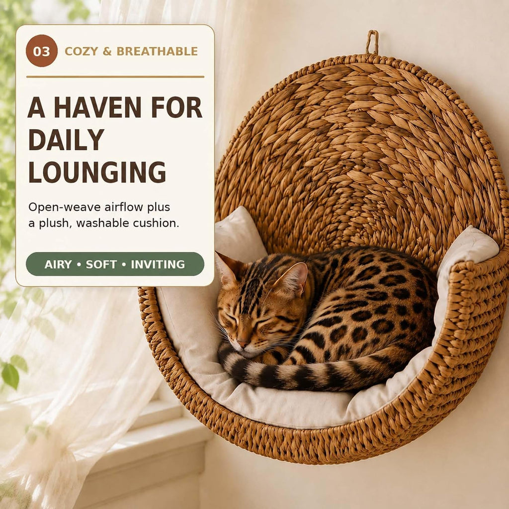 Handwoven Hanging Cat Bed, Space-Saving Wall Mount for Indoor Cats, 1pc