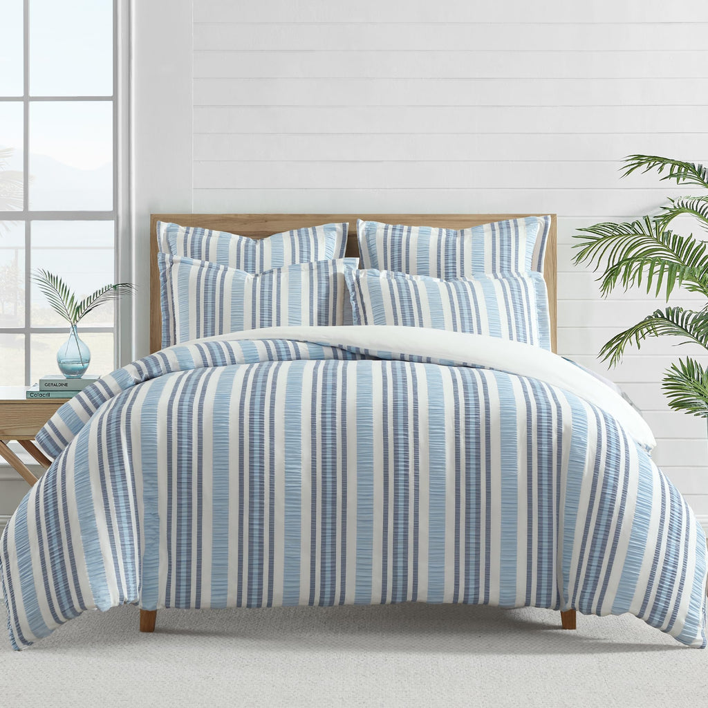 Seaside Stripes Textured Comforter Set (90x94in) with 2 Pillowcases (26x20in) - Coastal Stripe - Blue