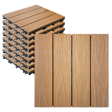 WPC Deck Tiles,12x12 Inch 9 PCS Teak, Waterproof Composite Flooring, Easy Snap Together DIY Indoor Outdoor Tiles for