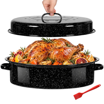 Enamel Roasting Pan with Lid 18" Turkey Roaster Upgraded Ceramic Glaze for Easy Release, Bigger Family Size Capacity