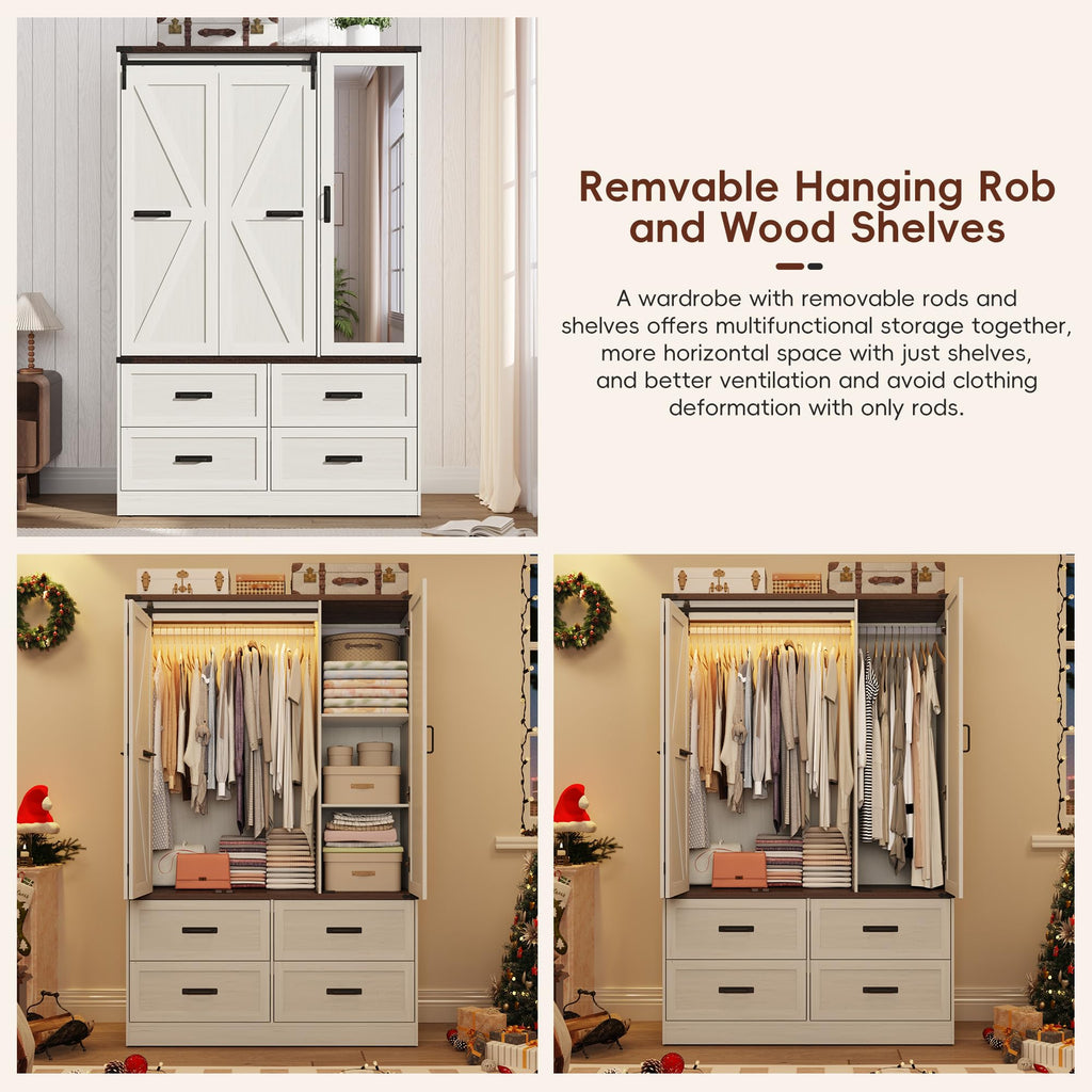 Farmhouse 3-Door Armoire Closet w/Mirror & LED, Antique White