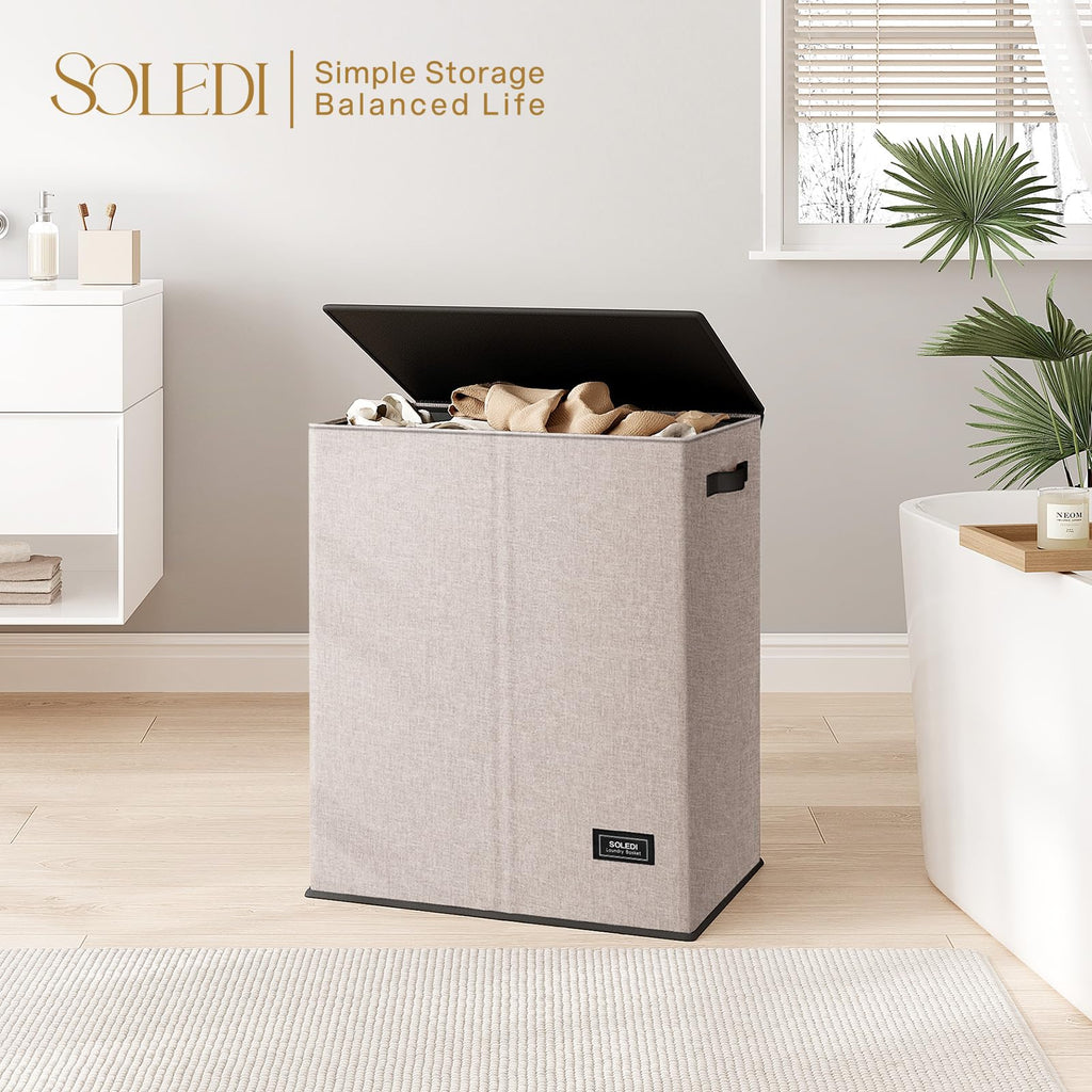 Large Double Laundry Hamper with Lid, Collapsible Clothes Hamper 2 section with Removable Bags, Space-Saving Laundry