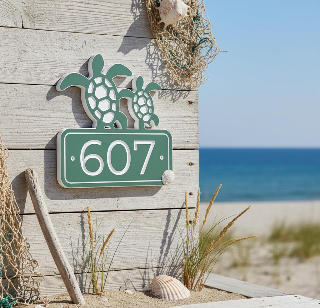 Coastal Address sign - Carved PVC with sea turtle Design, Weatherproof