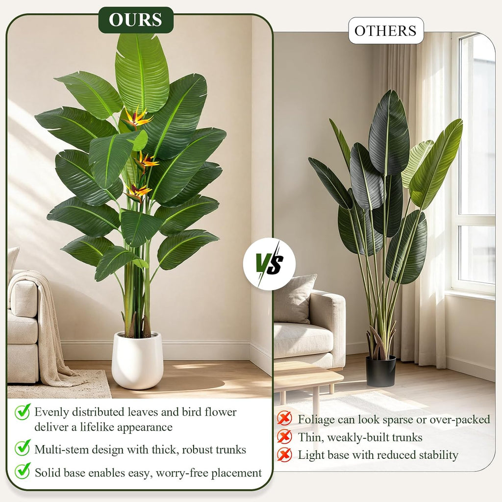 Bird of Paradise Artificial Plant in White Pot, 7ft Tall Faux Banana Leaf Tree with 3 Tropical Bird Flowers & 15