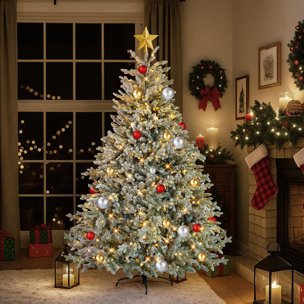 7ft Flocked Xmas Tree with 400 Warm White LED Lights, Pre-lit Design, 1100 Branch Tips, 8 Dynamic Modes, PE and PVC