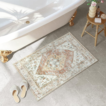 Boho Bathroom Rug Oriental Tribal Bath Mat Khaki Soft Shaggy Non-Slip Bathroom Mat Machine Washable Vintage