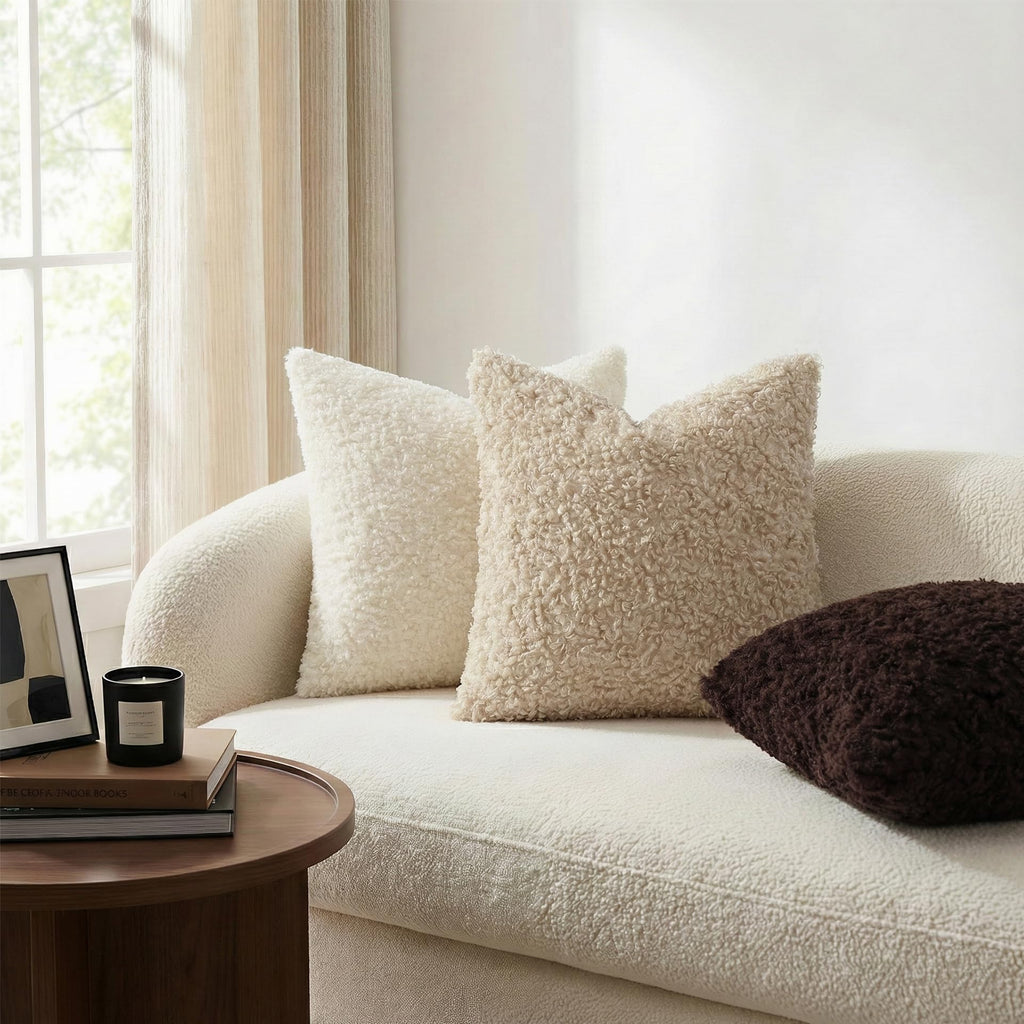Sherpa Throw Pillow Covers 20x20 Set of 2 Neutral Oatmeal