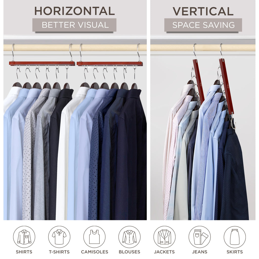 Space Saving Hangers for Closet - 4 Pack European Beechwood 6-Tier Shirt Organizer with 360° Swivel Hook