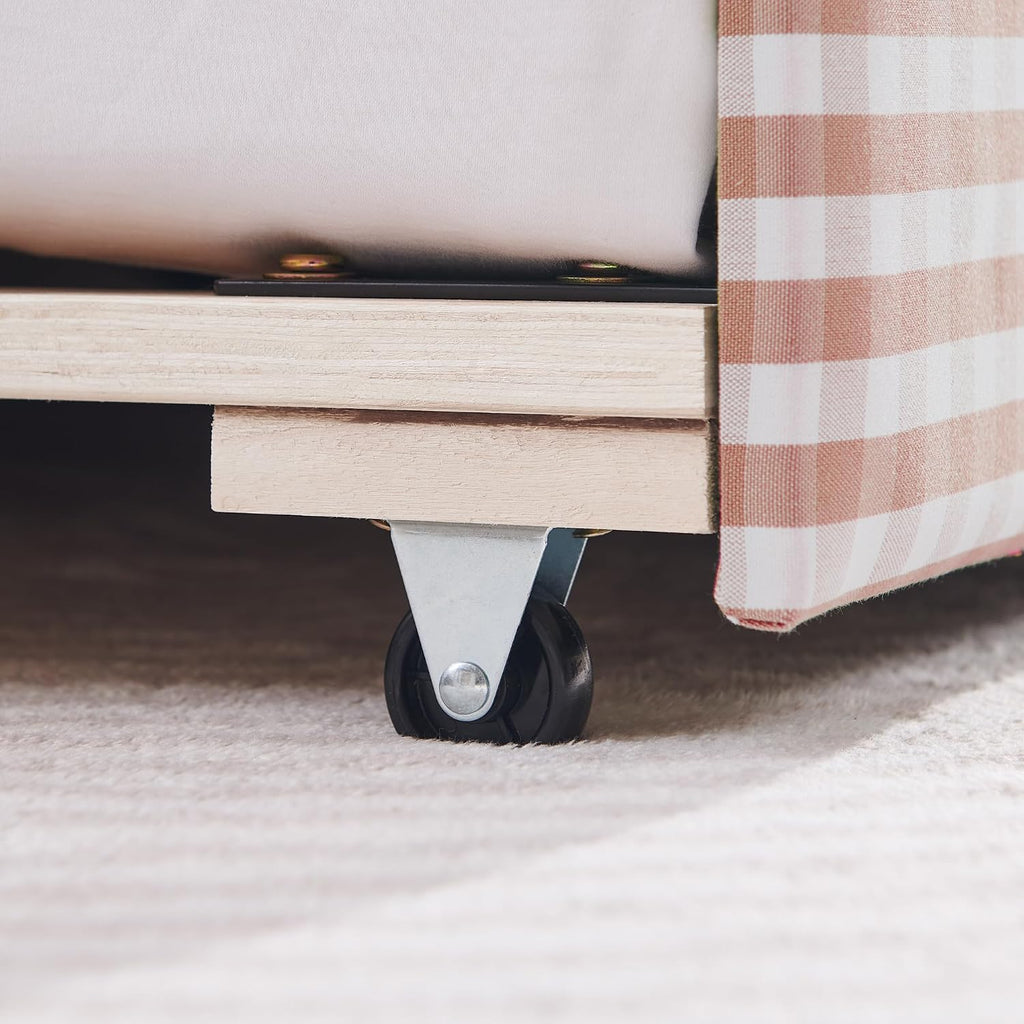 Full Size Upholstery Gingham Daybed with Trundle and USB, Pink | Full to King Design Adorable Wave Shaped Extendable