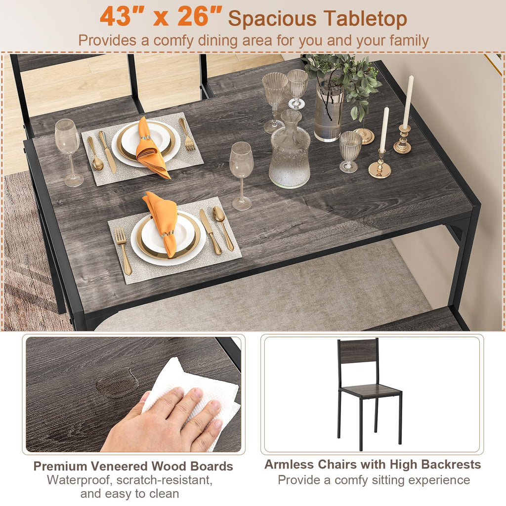 4-Piece Dining Table Set for 4, Industrial Kitchen Table with 2 Chairs and Bench, Space-Saving Dinette Set with Metal