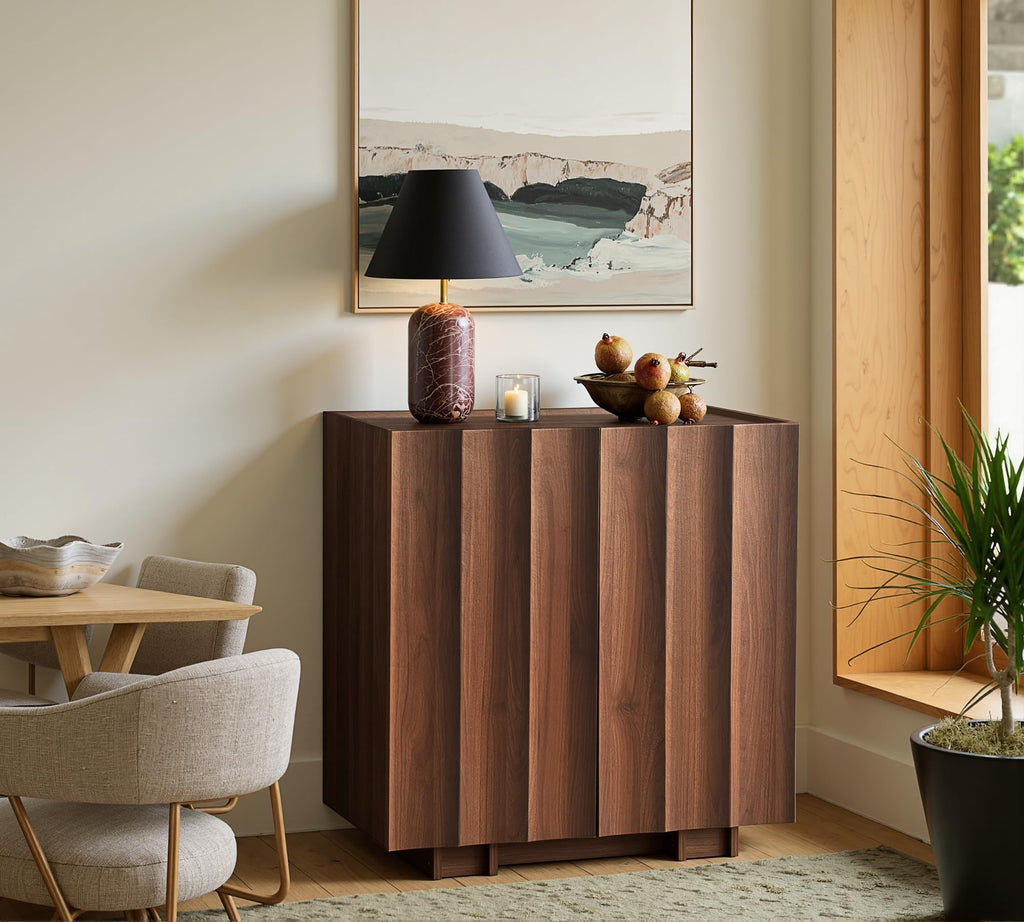 30.8" Sideboard Buffet Cabinet with Storage, Walnut, Wave Design
