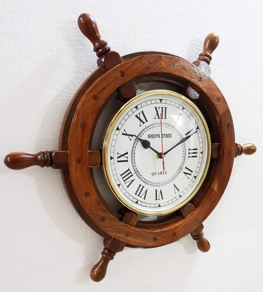 Antique Marine 18" Wooden Ship Wheel Clock Nautical Wall Clock Home Decor