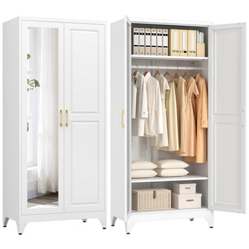Metal Armoire Wardrobe Closet with Mirror, 71" Tall White Cabinet