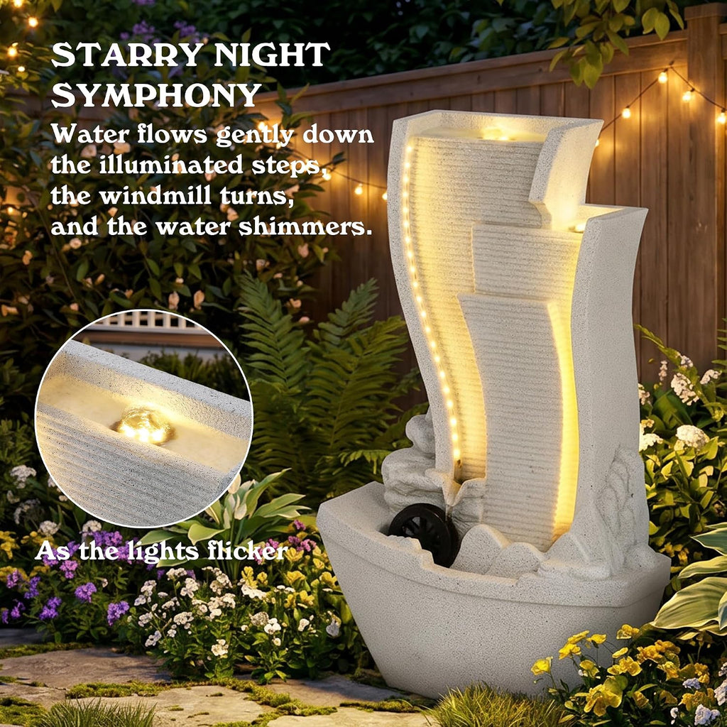 Garden Water Fountain Outdoor, Waterfalls Fountains with LED Light | Cascading Rock Freestanding Water Feature Indoor