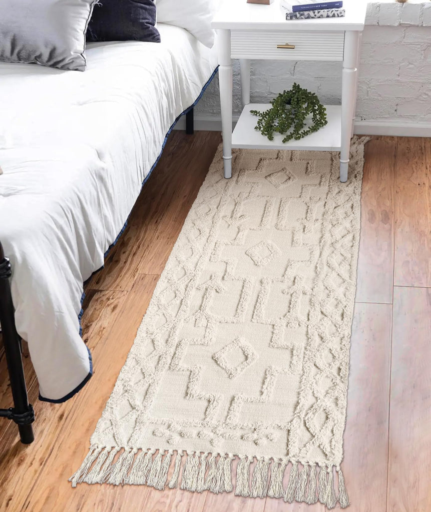 Boho Hallway Runner Rug, Beige Cotton Washable Kitchen Rug Runners with Tassels, Hand Woven Western Entryway