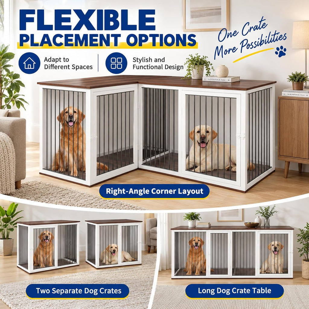79.1-Inch L-Shaped Double Dog Crate Furniture for 2 Dogs, White