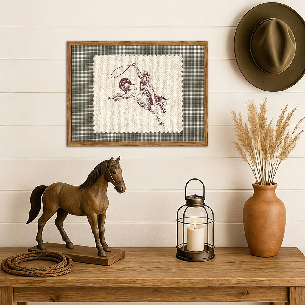 Framed Vintage Western Cowboy Wall Art, Southwestern Horse Rodeo Pictures Wall Decor, Mid Century Modern Green