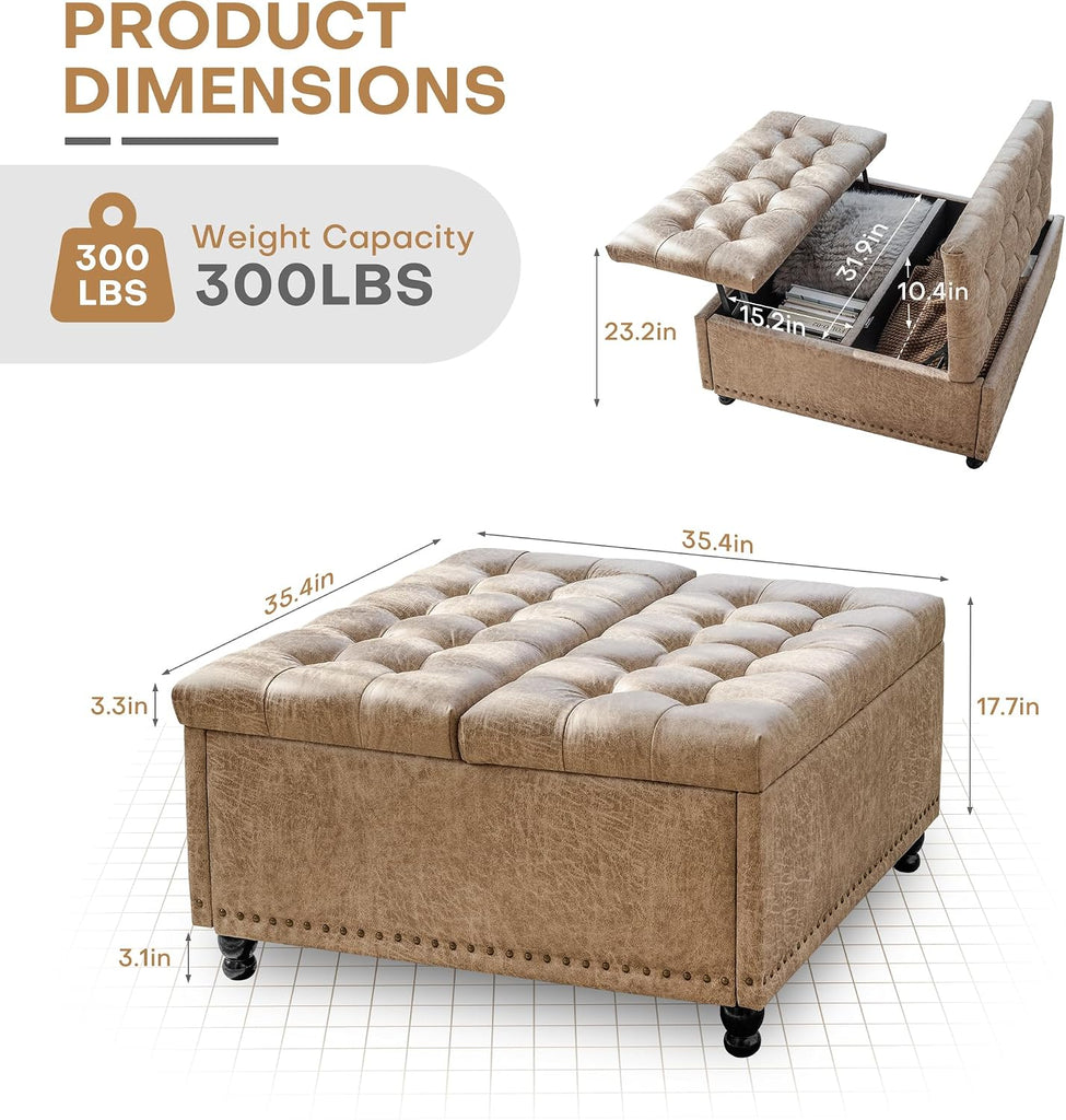 35 Inch Large Square Storage Ottoman, Coffee Table Ottoman, Faux | Lift Top Ottomans Bench Square Footrest Oversized