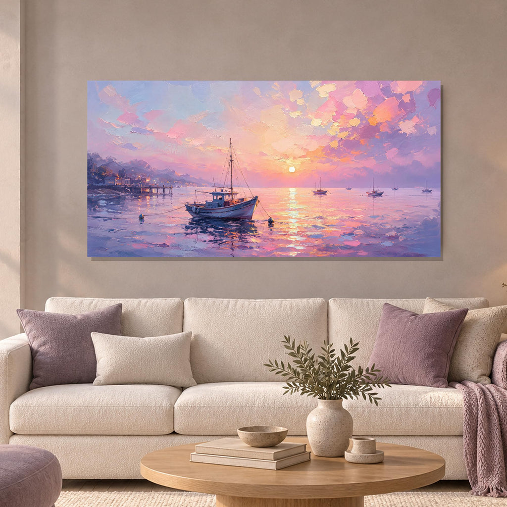 Sailboat Pink Ocean Sunset Canvas Wall Art 40"x20"