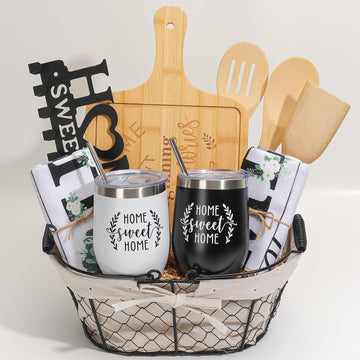 Housewarming Gifts for New Home, Gift Basket with 12oz Couple Tumblers, Pizza Cutting Board, Kitchen Utensil Set