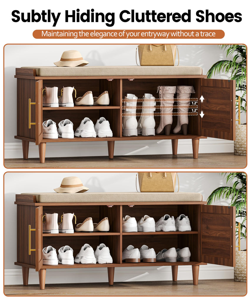 39.4" Rattan Shoe Storage Bench 2 Doors Entryway Bench Walnut