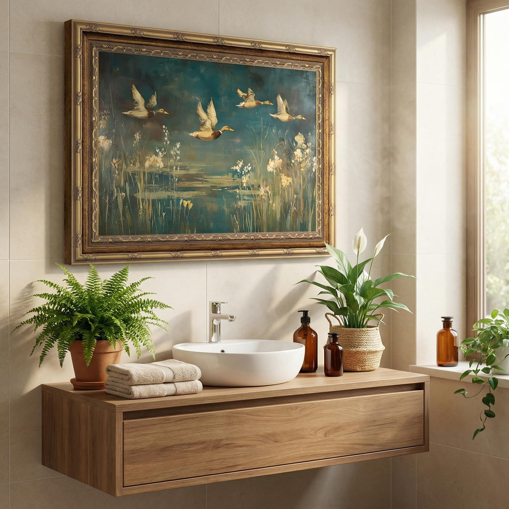 Mallard Duck Wall Art, Teal Brown Vintage Rustic Cabin Lake Print
