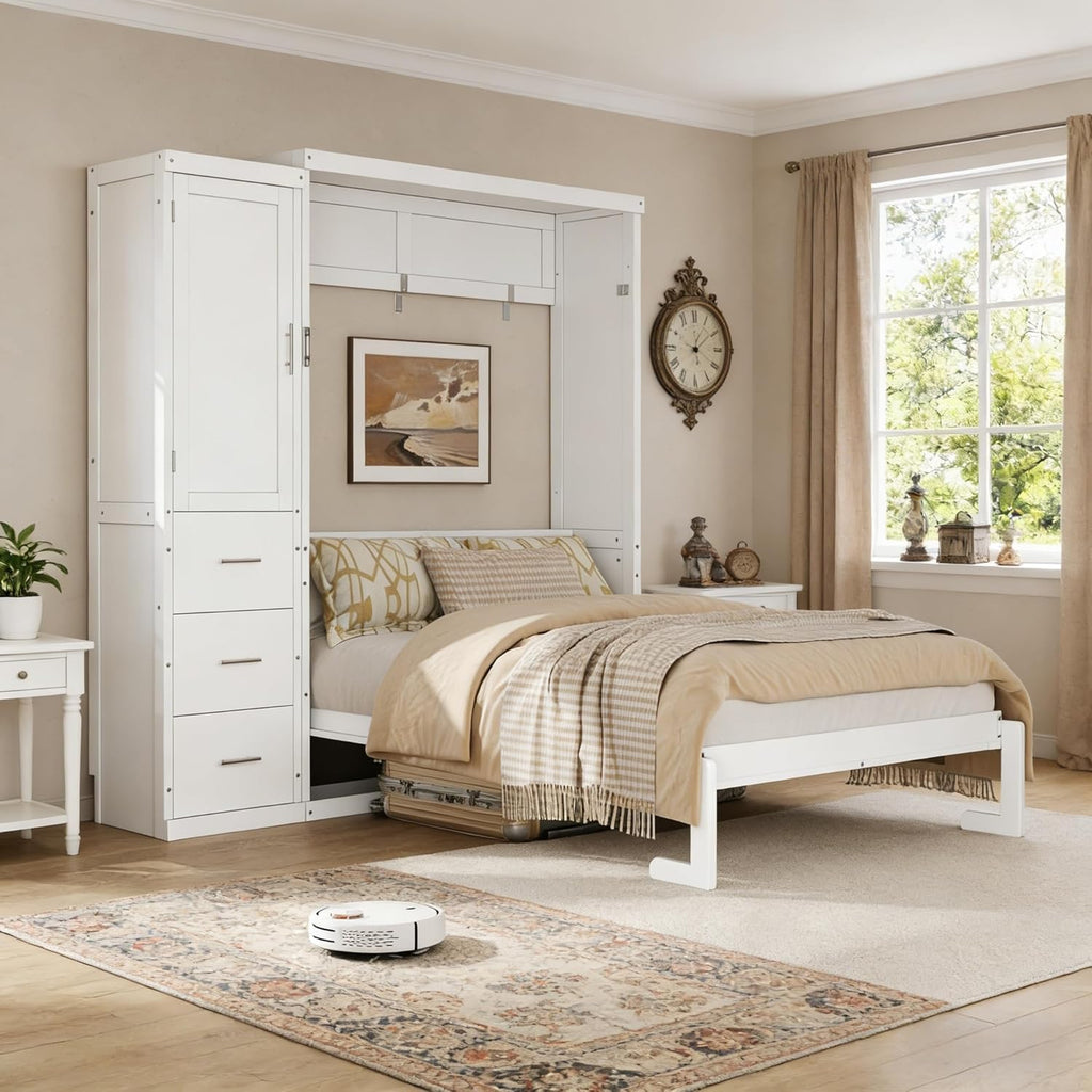 Full Murphy Bed with Storage, Wood Hideaway Wall Bed Frame with 3 Drawers & Wardrobe, Space-Saving Murphy Bed Cabinet