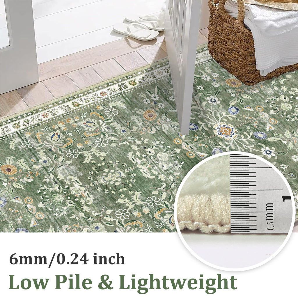 2x12 Washable Hallway Runner Rug Non Slip Floral Carpet, Sage Green