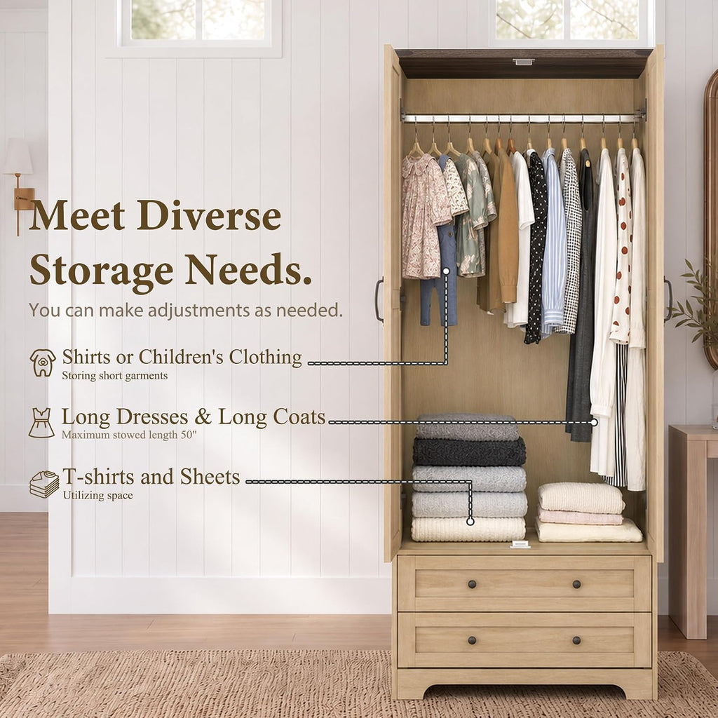 71" Wooden Armoire Wardrobe Closet with 2 Doors & 2 Drawers, Natural | Modern Tall Storage Cabinet with Adjustable