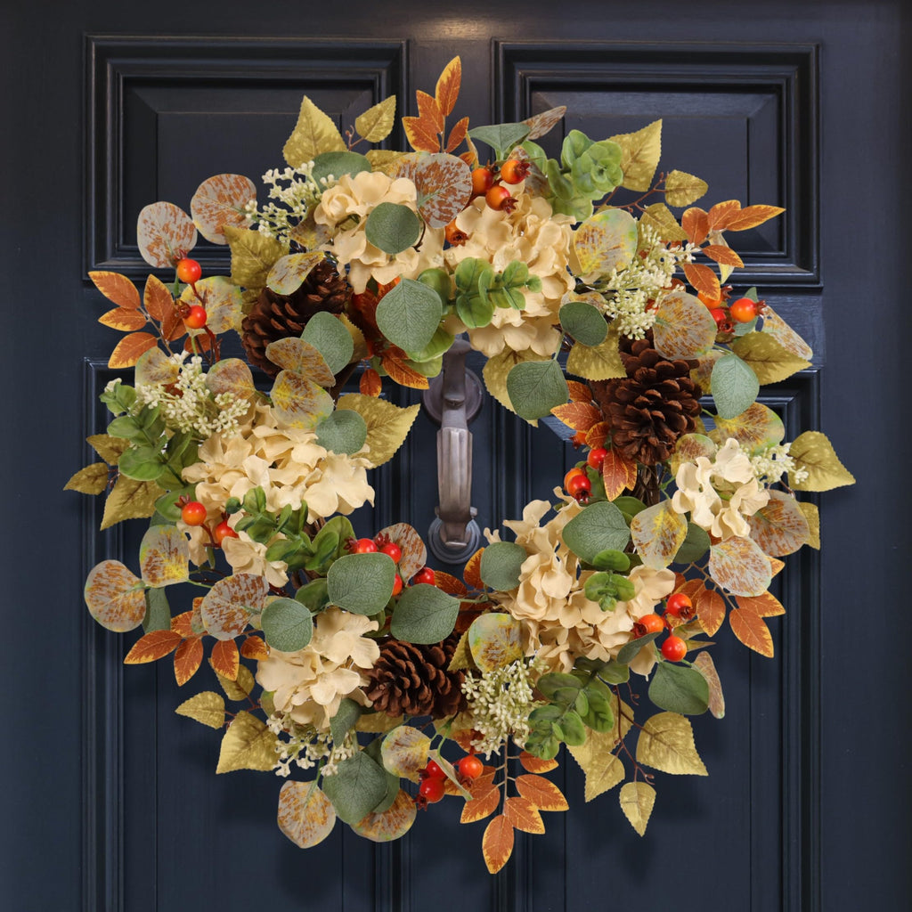 22 in Fall Hydrangea Wreath with Eucalyptus, Pinecones Orange Berries Perfect Autumn Door Wreath for Thanksgiving