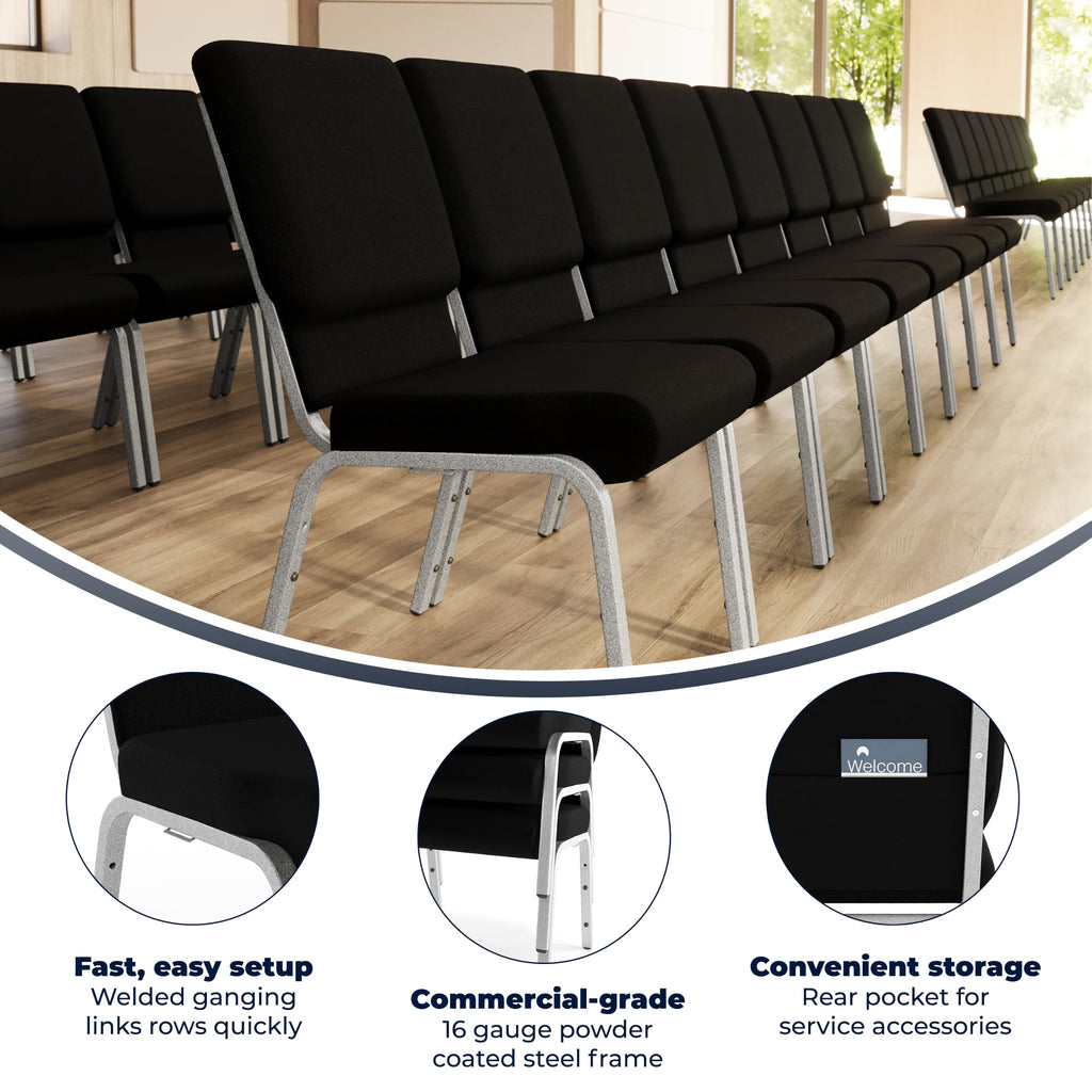 4 Pack HERCULES Series 18.5''W Stacking Church Chair in Black Fabric - Silver Vein Frame