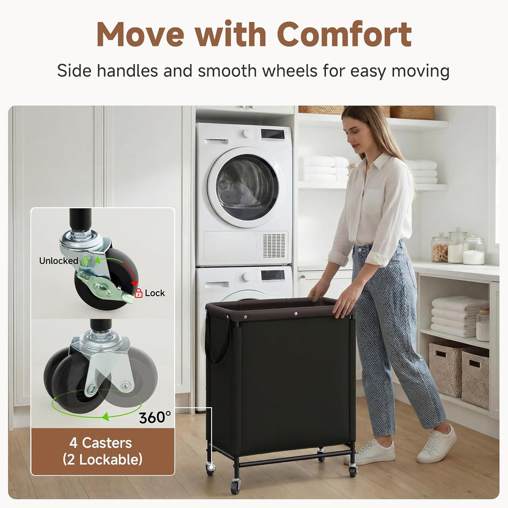 2 Section Laundry Hamper, 100L Black Sorter Cart with Wheels