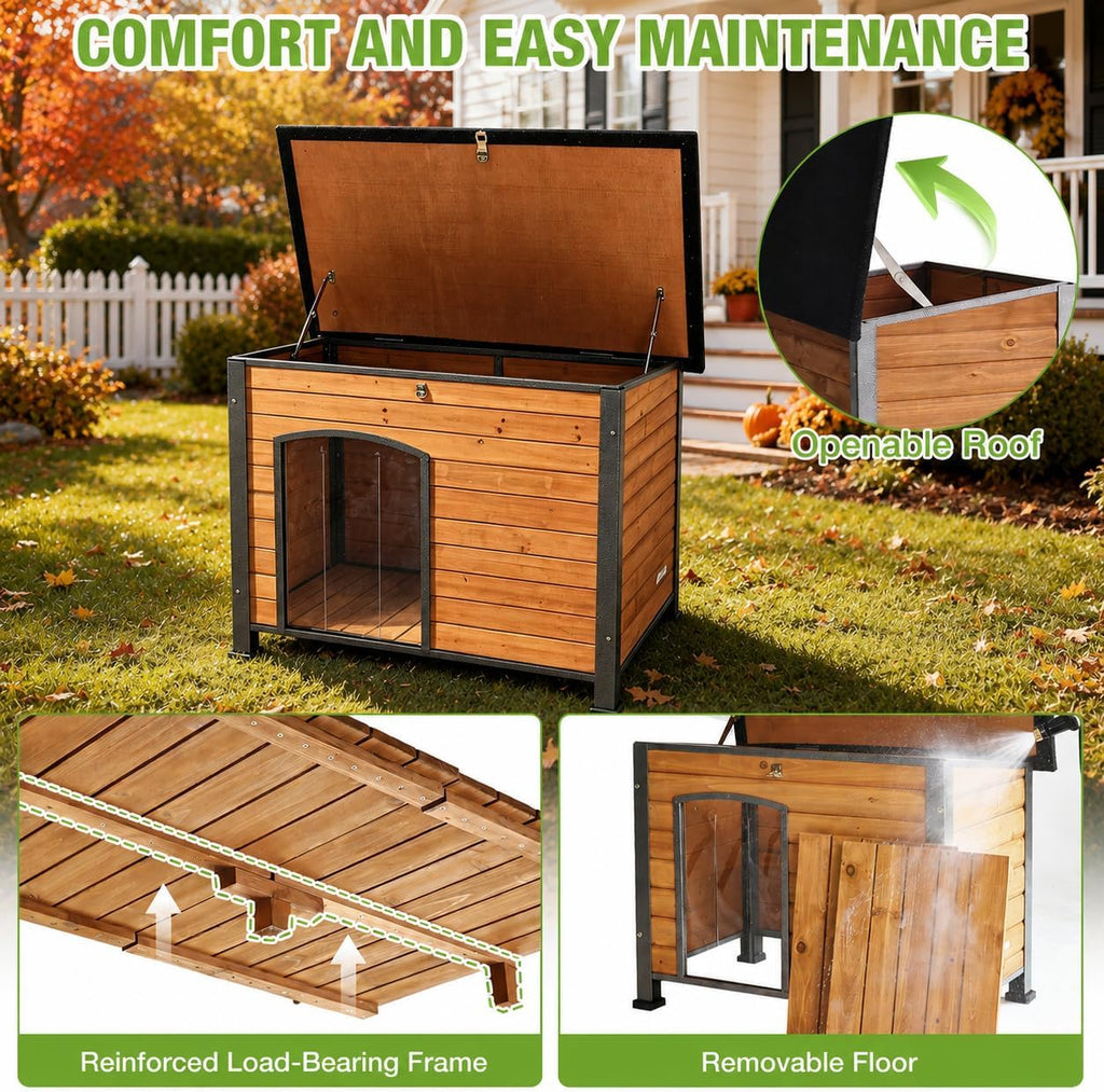 Medium Dog House Outdoor Wooden Kennel, Full Metal Frame