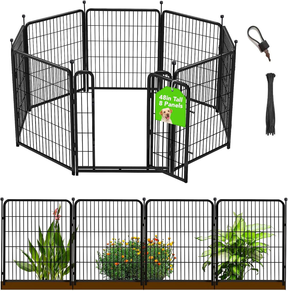 48 in(H) Decorative Garden Fence with Gate,8 Panels Total 17.7 Ft(L) Heavy Duty Iron Animal Barrier Fence for Yard