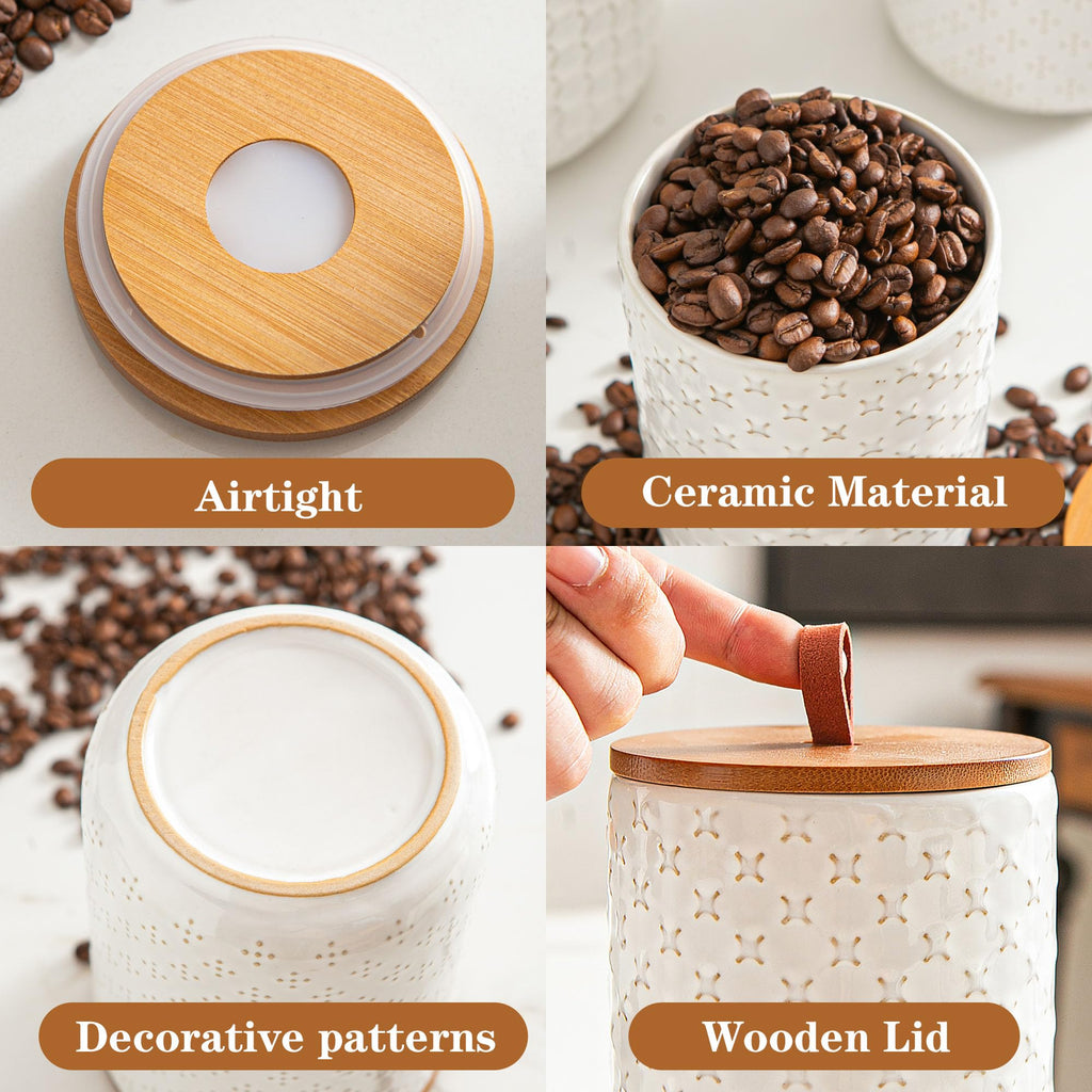 White Embossed Ceramic Canister 3 Piece with Airtight Bamboo Lid