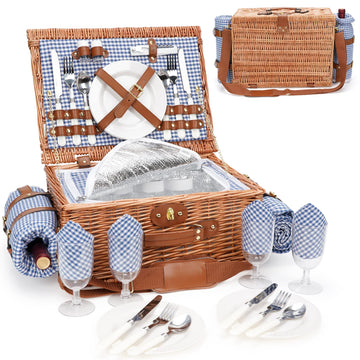 Basket for 4, Insulated Willow Picnic Baskets -Blue