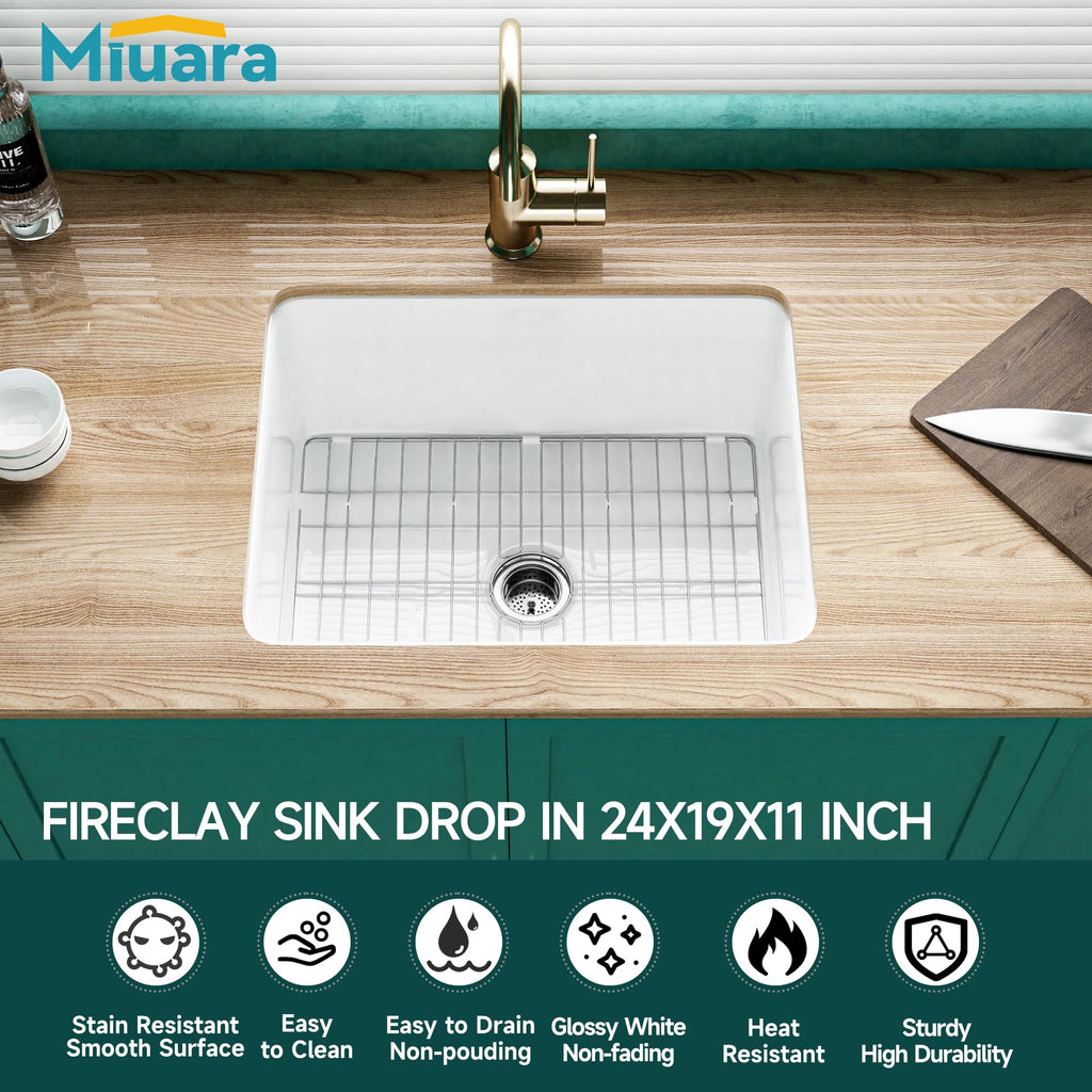 24 x 19 Inch Undermount or Drop In Fireclay Kitchen Sink White