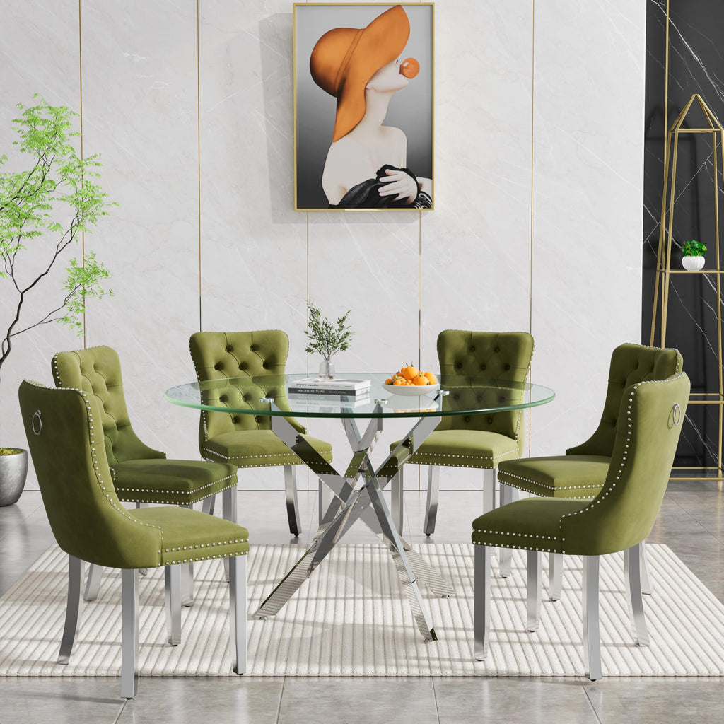 47" Round Dining Table Set for 6, Modern Silver Glass Kitchen Dining Room Table Set for 6, 7-Piece Dining Table Set