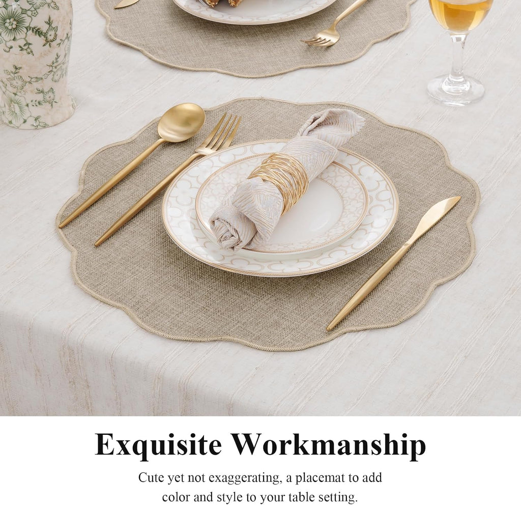 Scalloped Round Placemats Polyester Linen Blend 15 inch Washable Non Slip Place Mats Easy Clean Heat - Set of 6