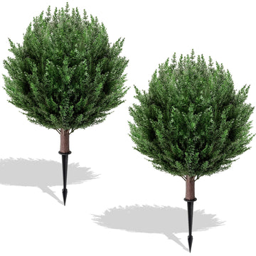 2 Pack 2FT Artificial Cedar Topiary Trees with Ground Spike, Fake Pine Shrubs Bushes, UV Resistant Faux Evergreen