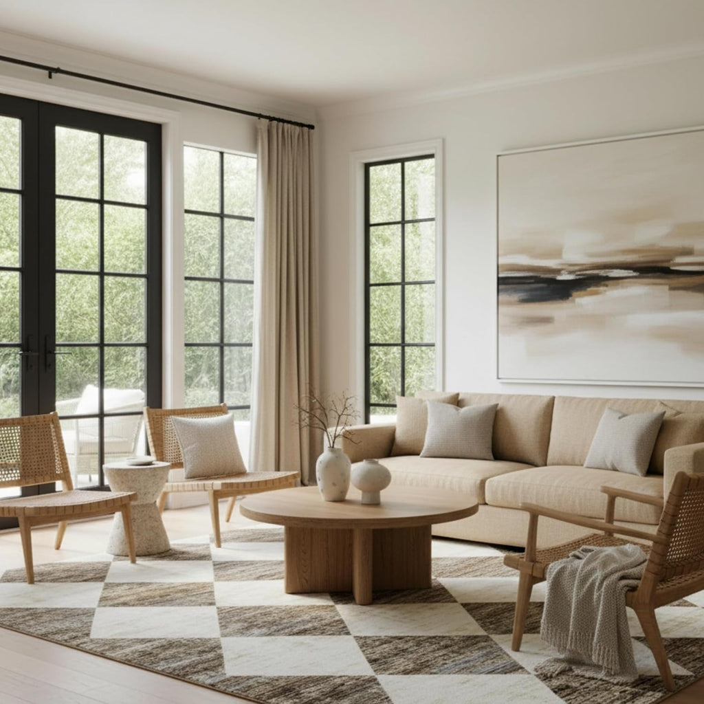 Fringed Performance Meline Beige/Blue/Ivory, Checkered, Soft and Cozy, High Traffic, Stain Resistant