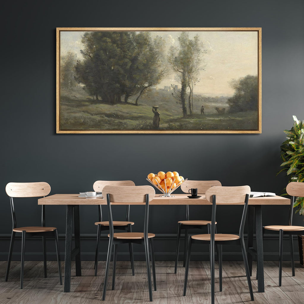 Extra Large Framed Canvas Print Wall Art Pastoral Elegance Tranquil Countryside with Figure Vintage Inspired Colorful