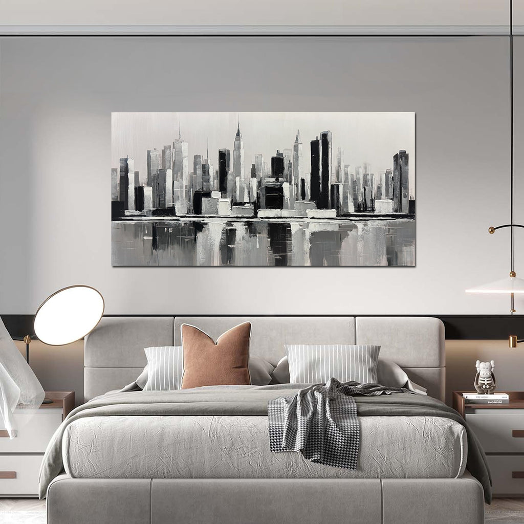 Black and White Wall New York City Textured Painting 24x48 Inch