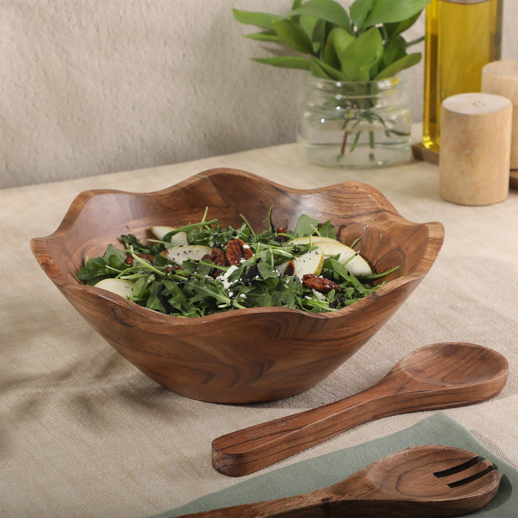 Sandhurst 3-Piece Acacia Wood Salad Bowl Set - 12-Inch Scalloped Serving Bowl with Wooden Salad Servers
