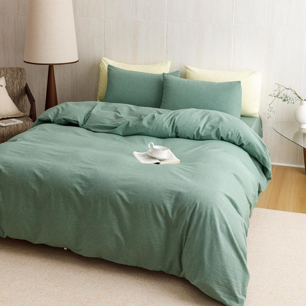 Green Comforter 100% Washed Cotton Bedding Set with Breathable & Soft Linen Feel Solid Foreat Green Bedding