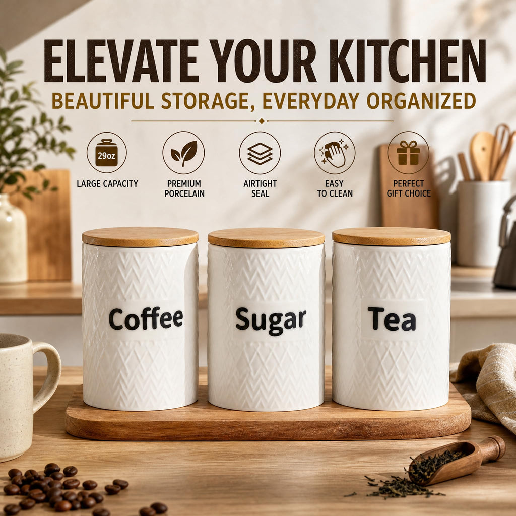 3 Pack Ceramic Kitchen Canister Set, 29oz Airtight Food Storage Jars with Bamboo Lids, Tea Coffee Sugar Container Set