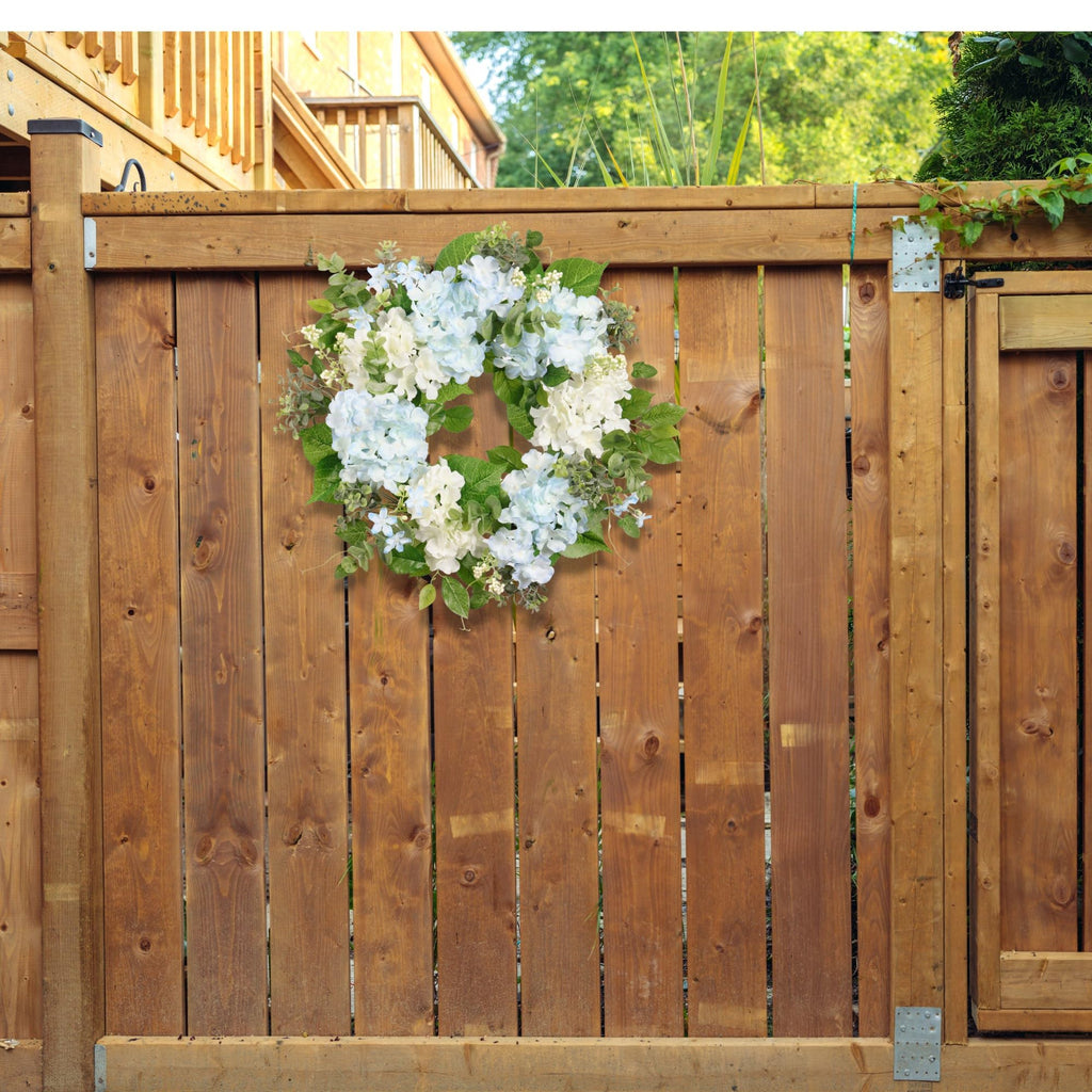 Spring Wreath Artificial Hydrangea Eucalyptus 20IN, Light Blue White Green, Spring Easter Summer Front Door Wall